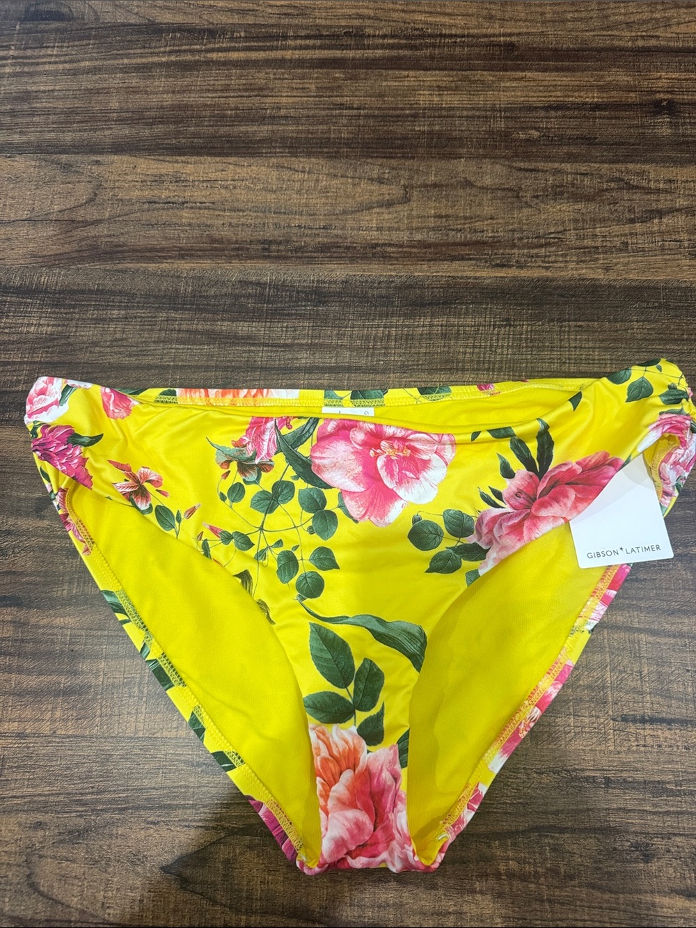 Gibson Latimer Yellow Floral Swim Bottoms with Pink Roses